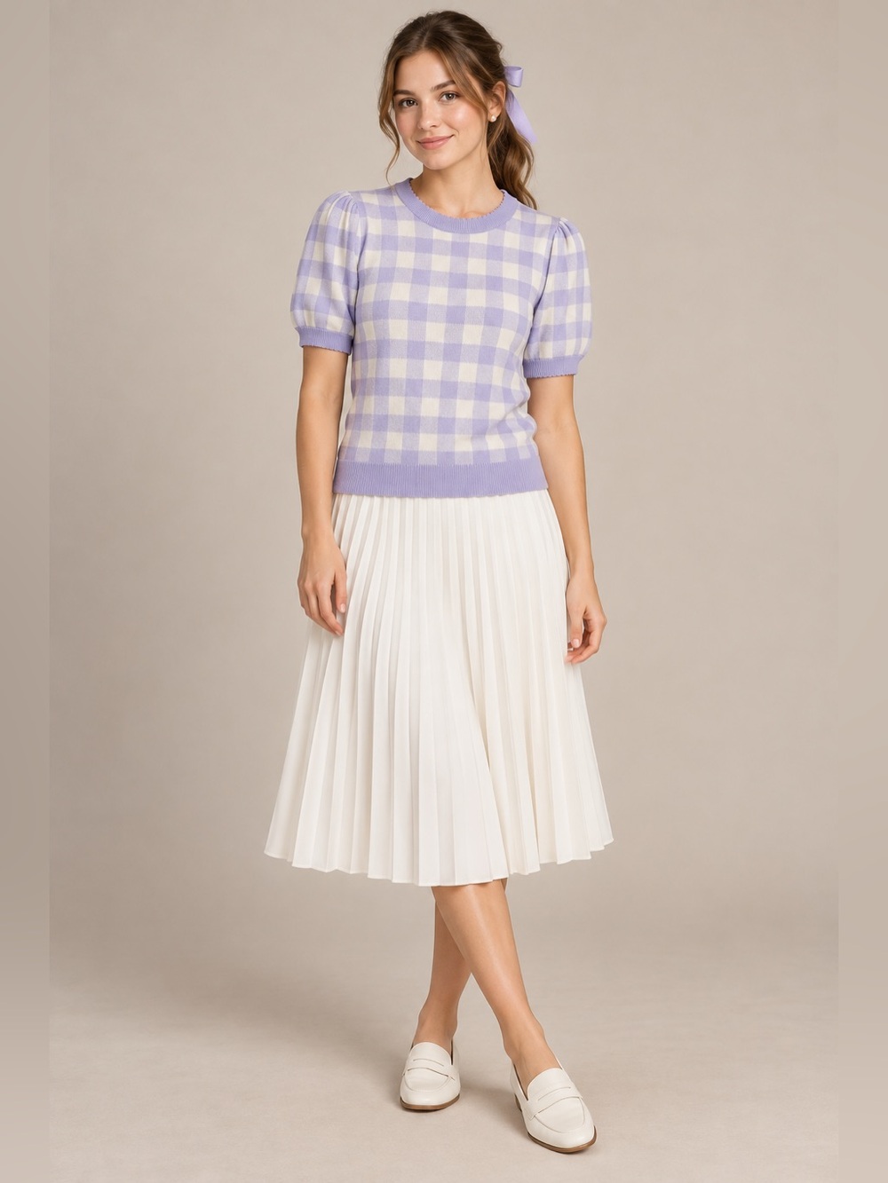 LOFT Lilac Gingham Cotton Puff Sleeve Scallop Trim Sweater NWT M